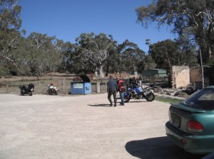 Strolling out to the bikes after lunch. Bit of Aussie bush out back.